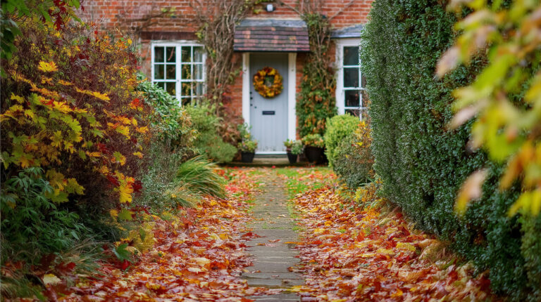 Front garden path covered in autumn leaves leading to home entrance with seasonal wreath