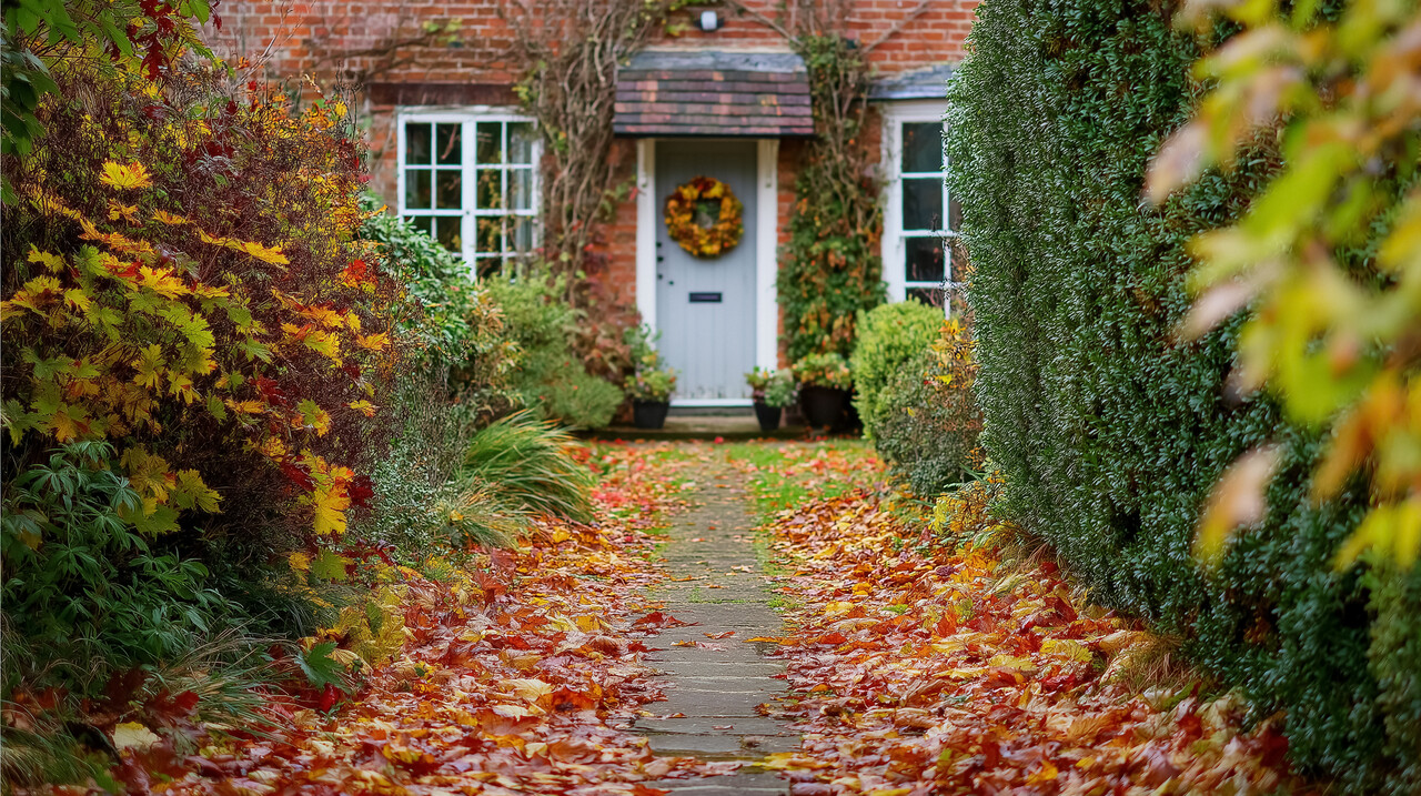 Front garden path covered in autumn leaves leading to home entrance with seasonal wreath