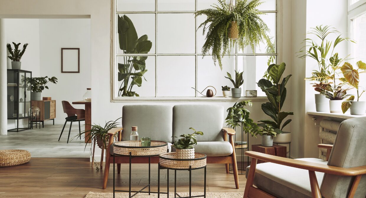 Bright and modern UK living room with indoor plants and neutral décor, representing Whitegates’ 2025 legal update for landlords.