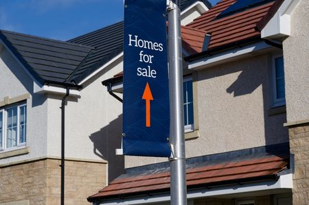 Homes for sale sign outside modern residential properties