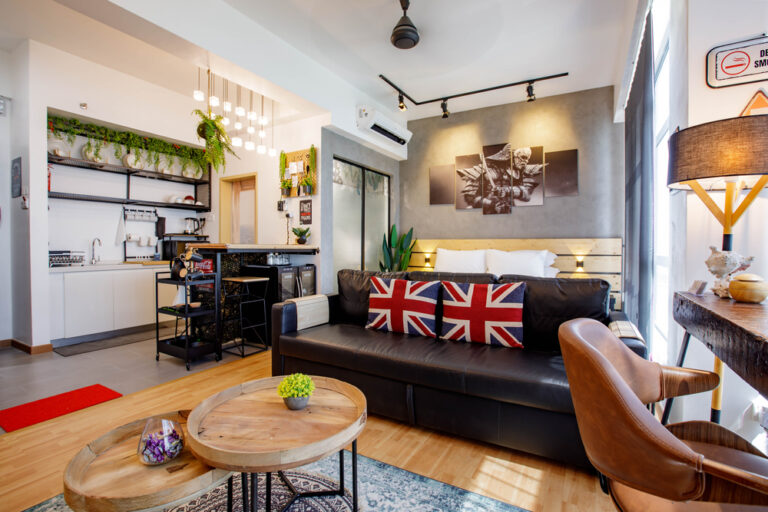 Modern open-plan living room with stylish kitchen and contemporary furnishings